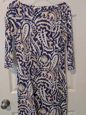 J. McLaughlin Blue and Cream Paisley Boatneck Long Sleeve Dress